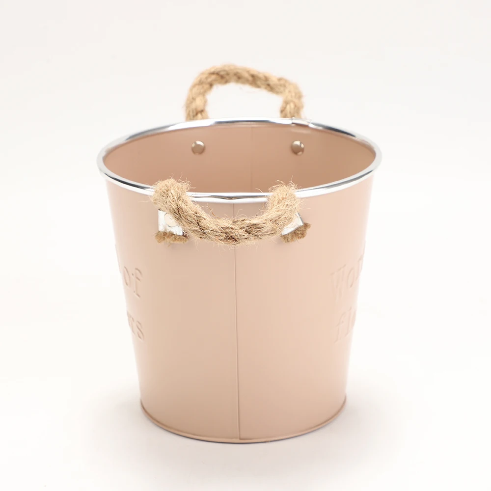 Wholesale small metal bucket garden pot with rope handle for home decoration