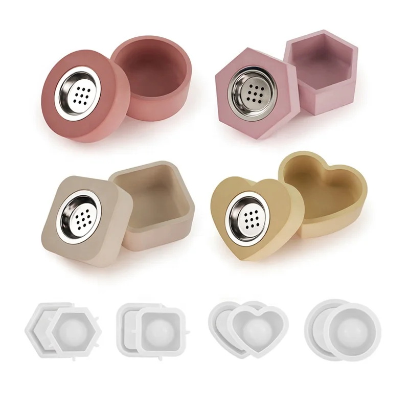 CARATTE Round Square Hexagon Heart Incense Burner Storage Box Silicone Mould Cement Plaster Incense Holder Mold