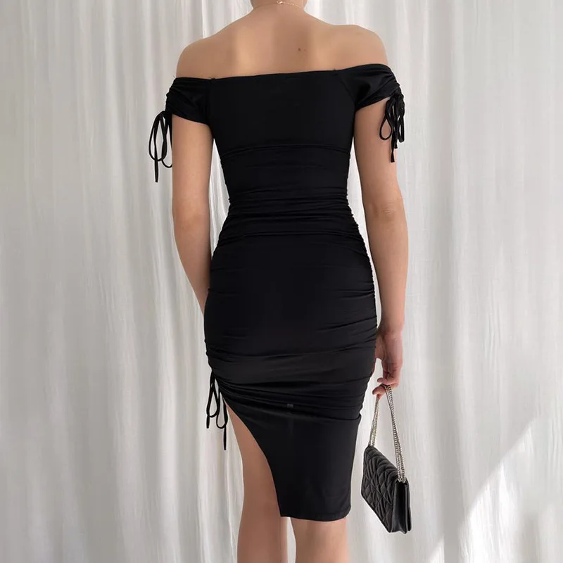 New Arrival Backless Girls Dresses Hollow Out Woman Black Bodycon One Shoulder Dress