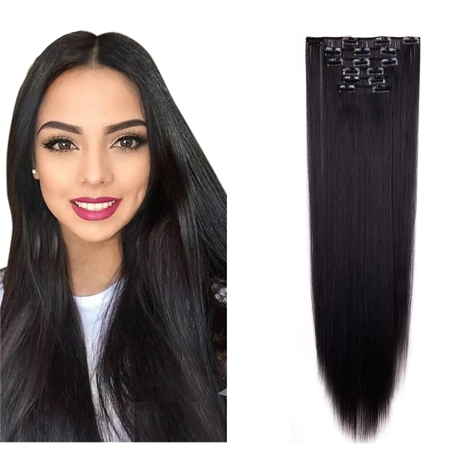 G&T Wig 16 Clips in Hair Extensions 6 pcs or 7 pcs Hairpiece for Women Full Head  Long Straight Synthetic Clip Hair Piece