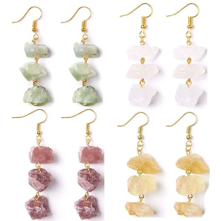 Fashion bohemian handmade irregular natural stone fluorite quartz gold hook earrings women crystal dangle drop earrings jewelry