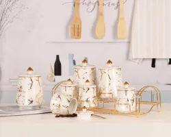 high end ceramic gold rim canister for tea coffee sugar, food storage ceramic jars