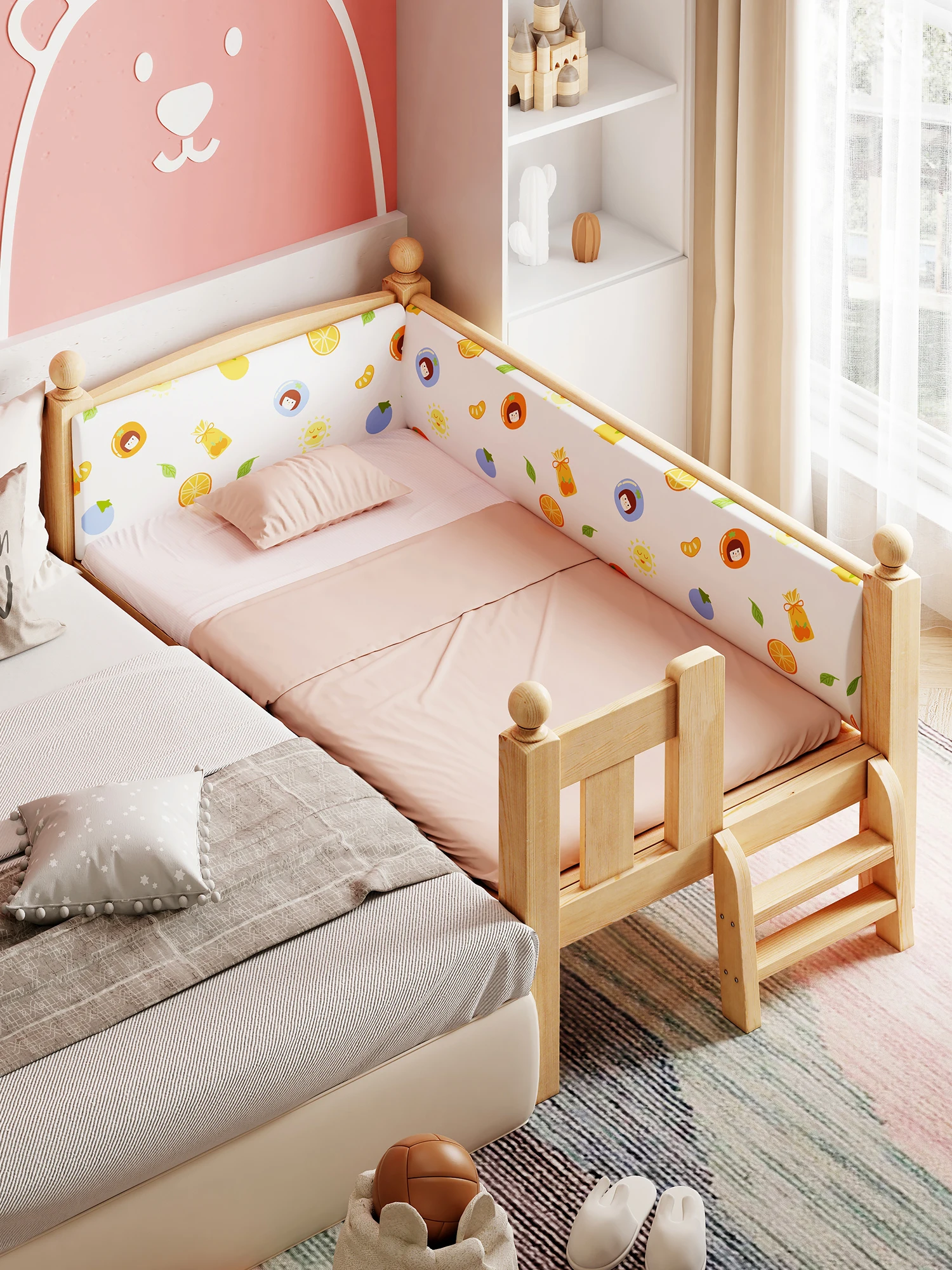 Children home living room  natural solid wood modern baby bed  with guardrail