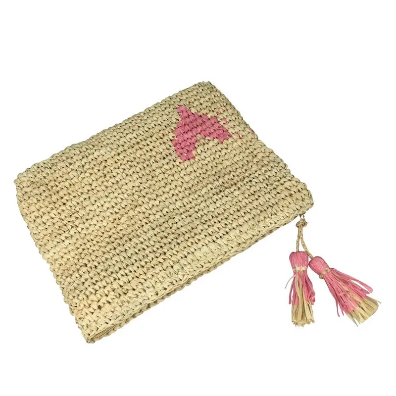 Small heart embroidery crocheted raffia clutch made with natural raffia straw tassles trimming