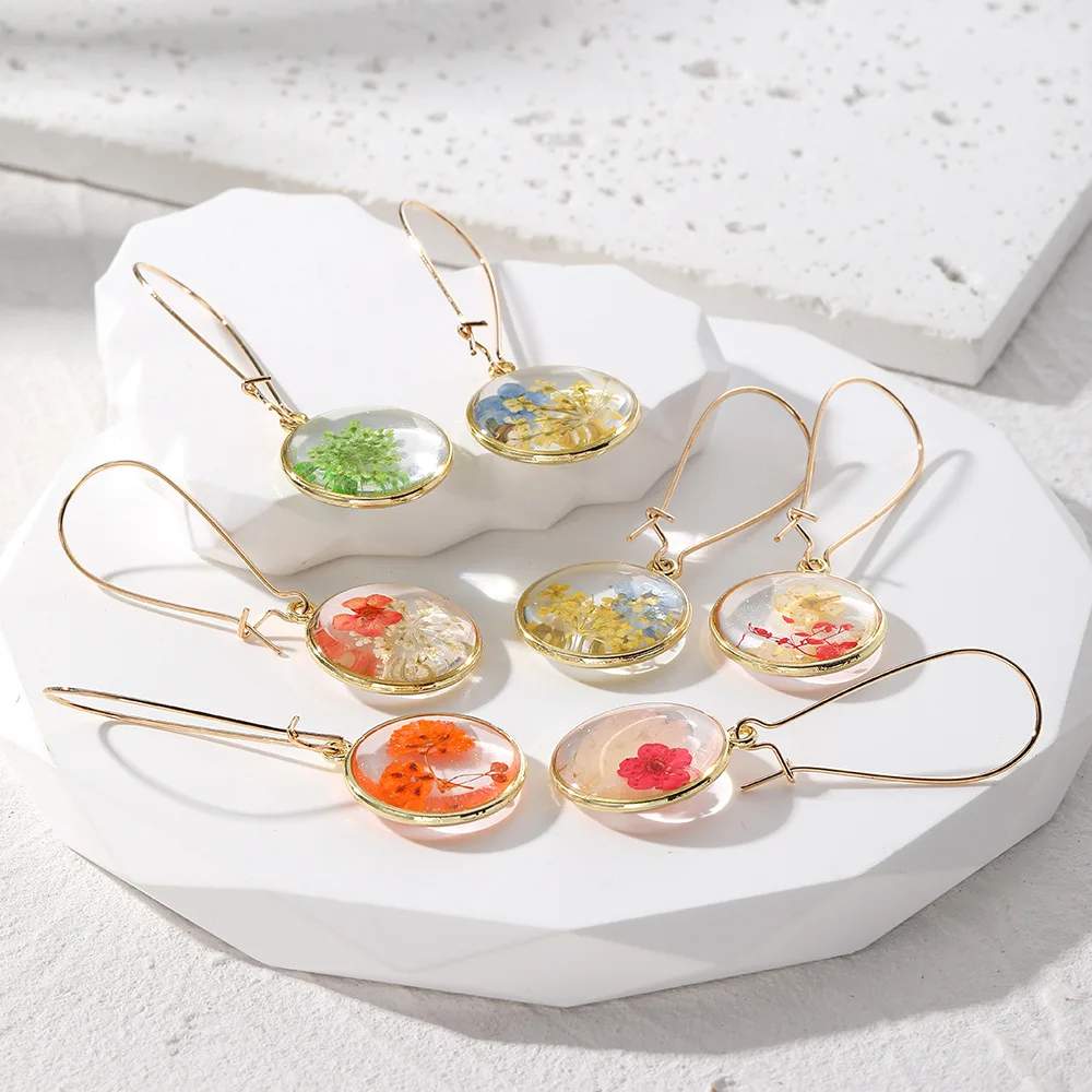 Cross Border Pierced Dangle Earrings Wholesale Bulk Earrings Women Luxury Geometric Round Dried Flower Earrings