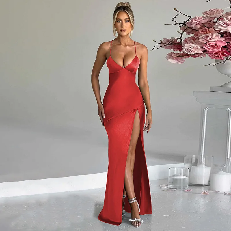 Elegant V Neck Open Back Split Club Long Dresses Party Backless Satin Birthday Bodysuit Sexy Prom Clubwear Strapless Maxi Dress