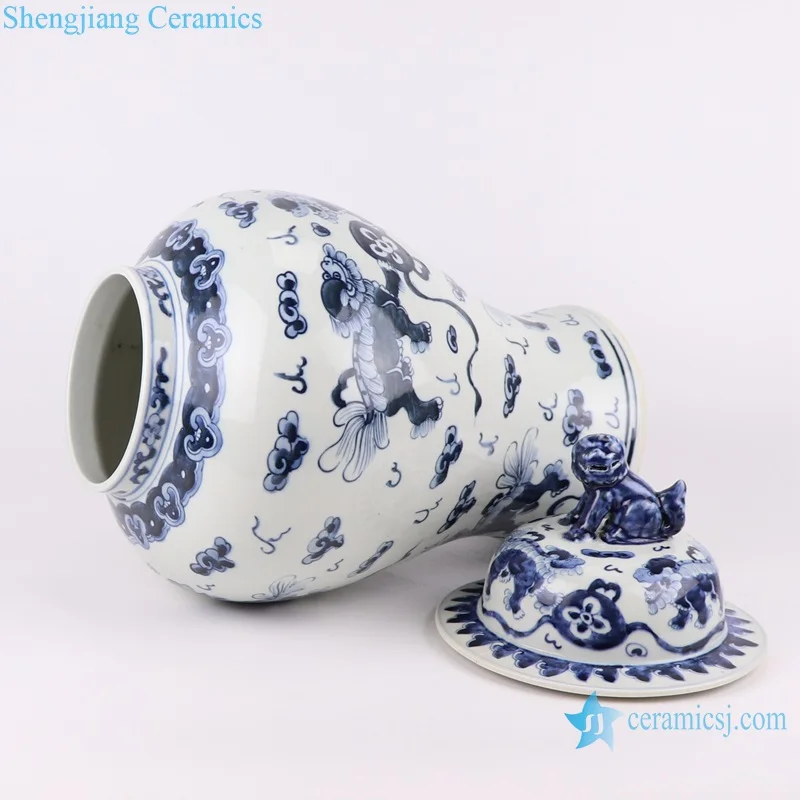 RZKY42 Antique Design Blue and White Porcelain Lion Ceramic General Pot Temple Ginger Jars with lion Head