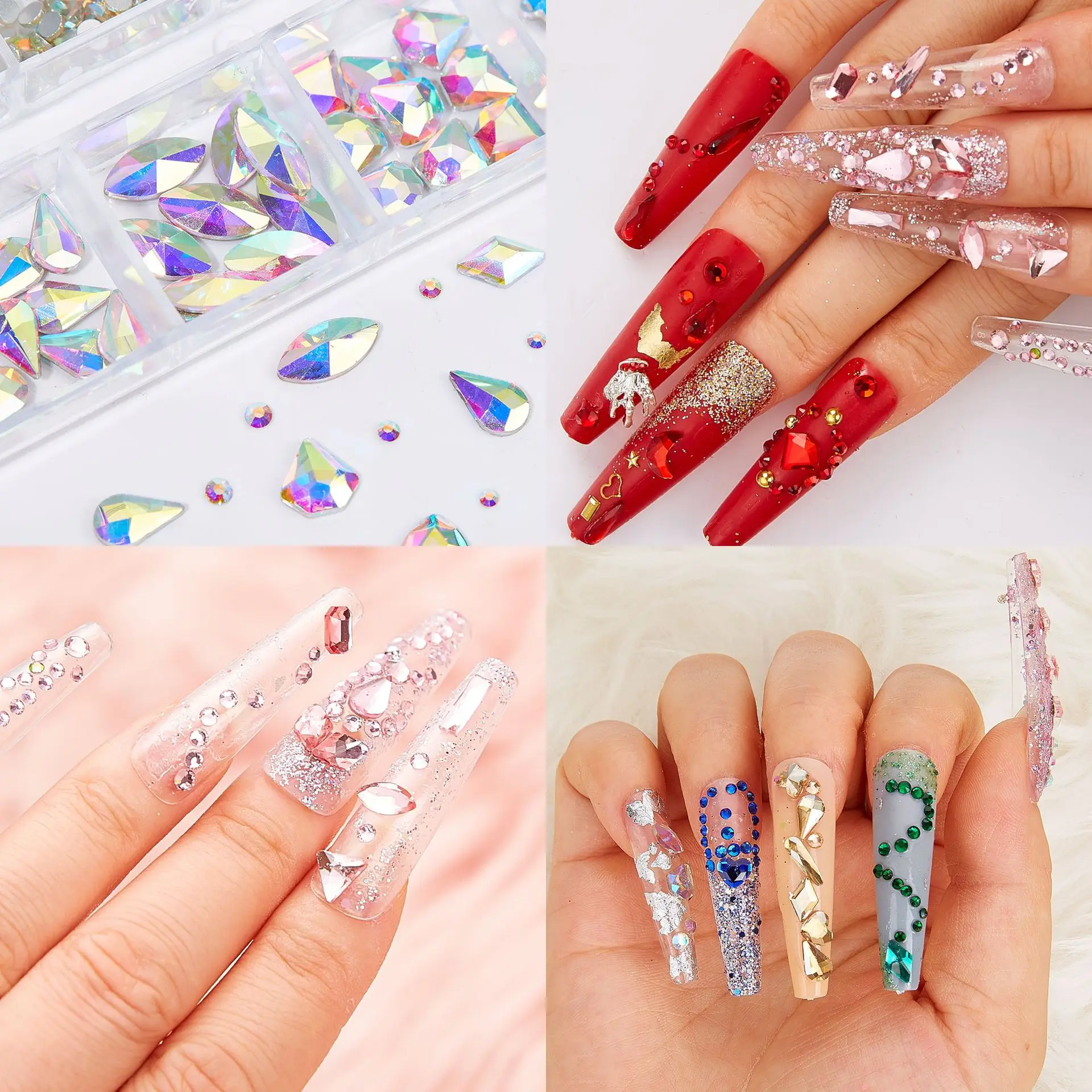 Lan Guang Hight Quality 12 Grid Multi Shape Transparent Aurora AB Glass Crystal Nail Rhinestones For Nails Art Decoration