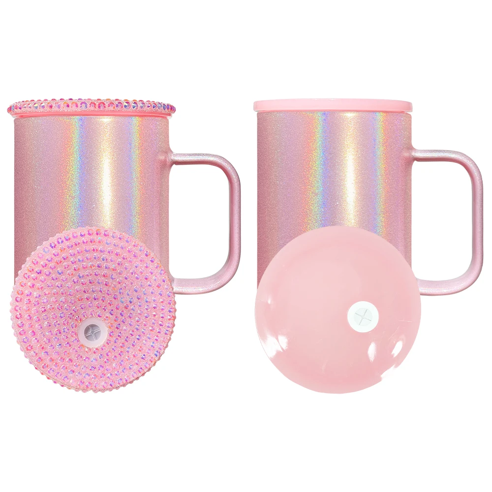USA warehouse 17oz holographic shimmer glass mug with studded lid High Borosilicate sublimation glass mug with pp lid
