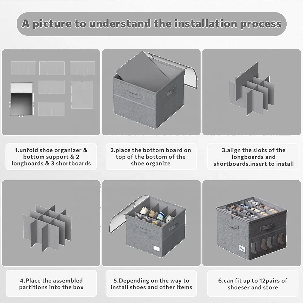 Fabric Shoe Storage Bins Adjustable Dividers Shoe Organizer for Closet with Clear Cover for Shoe Storage