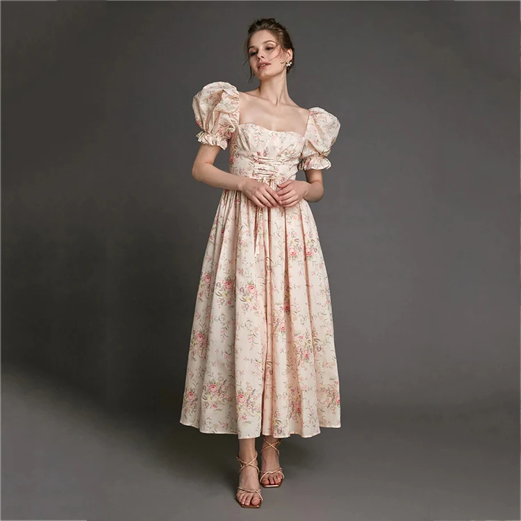 2024 New Boho Dresses Women Summer Arrival Polyester Cotton Custom Dress Ladies Puff Sleeve Dress Elegant Women