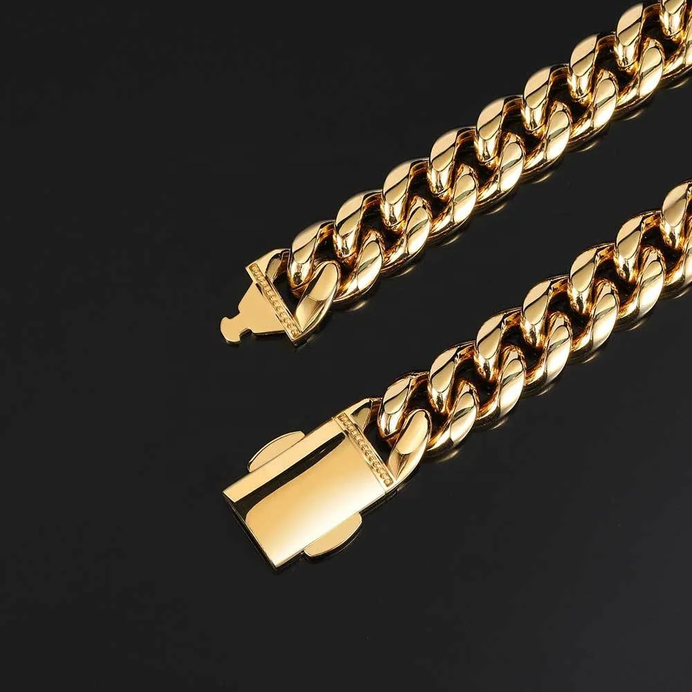 wholesale women 12mm fashion link chain hiphop bracelet mens 18k gold plated non tarnish stainless steel miami cuban bracelet