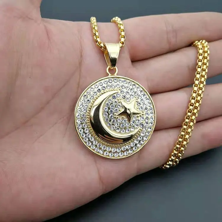 Stainless Steel Religious Jewelry Moon and Star Srescent Crystal Pendant Muslim Islamic Prayer Pendant