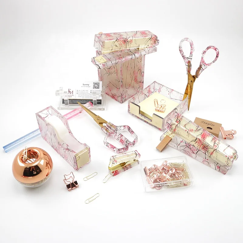 JSM Custom Acrylic transparency Floral Printing School Supplies Stapler Tape dispenser Storage Scissor