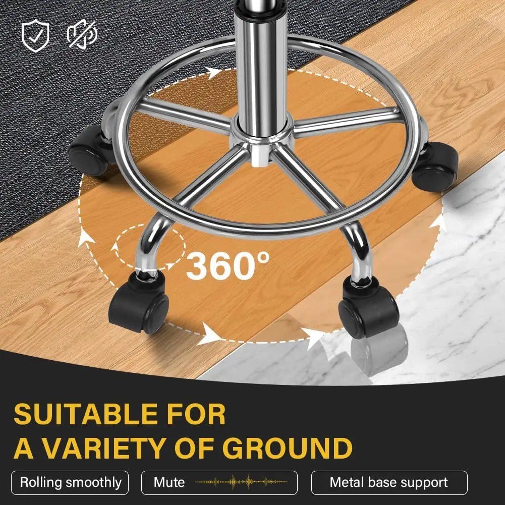 Round Rolling Stool with Footrest PU Leather Height Adjustable 360 Swivel Stool with Wheels Office Stool Chair