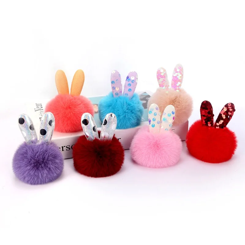 custom cartoon animal shape pompom charm fox fur Keychain Keyring Key chain / multi color rabbit fur plush