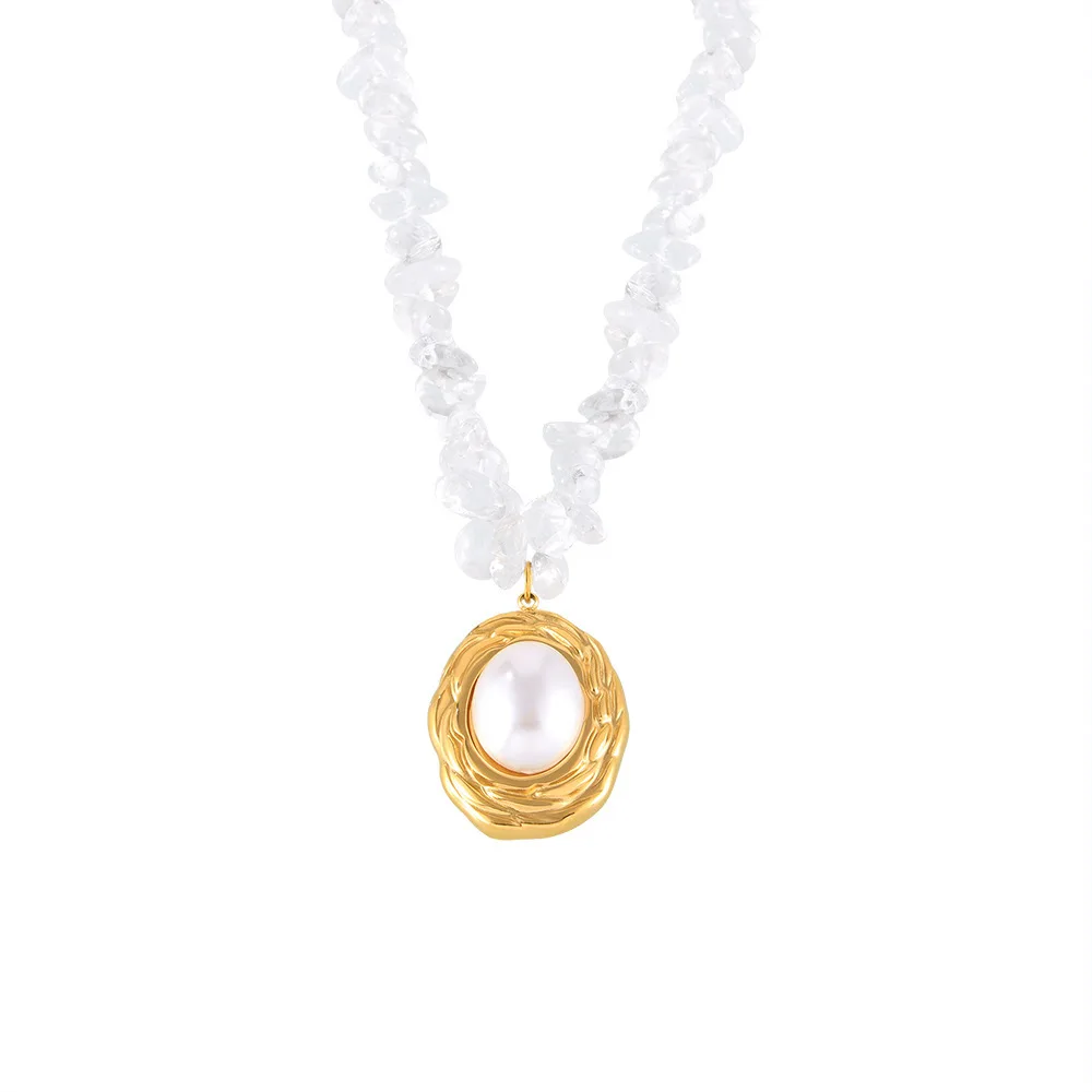 New French Fashion Ooval Titanium Steel Inlaid Pearl Pendant Gold-Plated Beaded Crystal Necklace