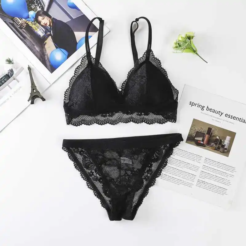 Hot Selling French Style Triangle Cup Back Closure Tube Top Bralette Suit No Steel Ring Sexy Wrapped Chest Ladies Lace Bra Set