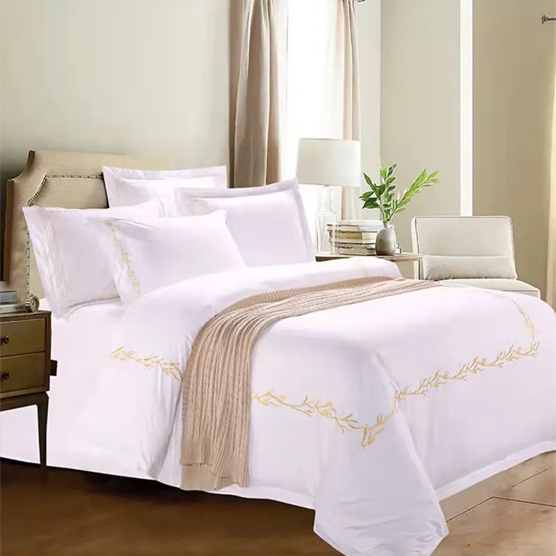 100% Cotton Wholesale Bed Sheet Sets Embroidered White Hotel Bed Linen Brands