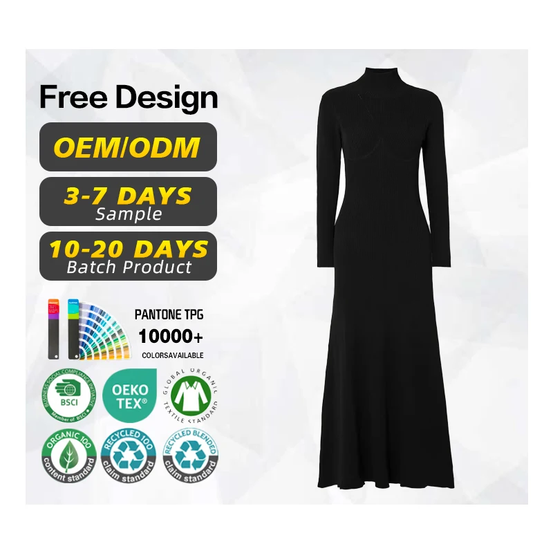 knitwear manufacturer custom autumn winter turtleneck long sleeved women knit sweater midi dress