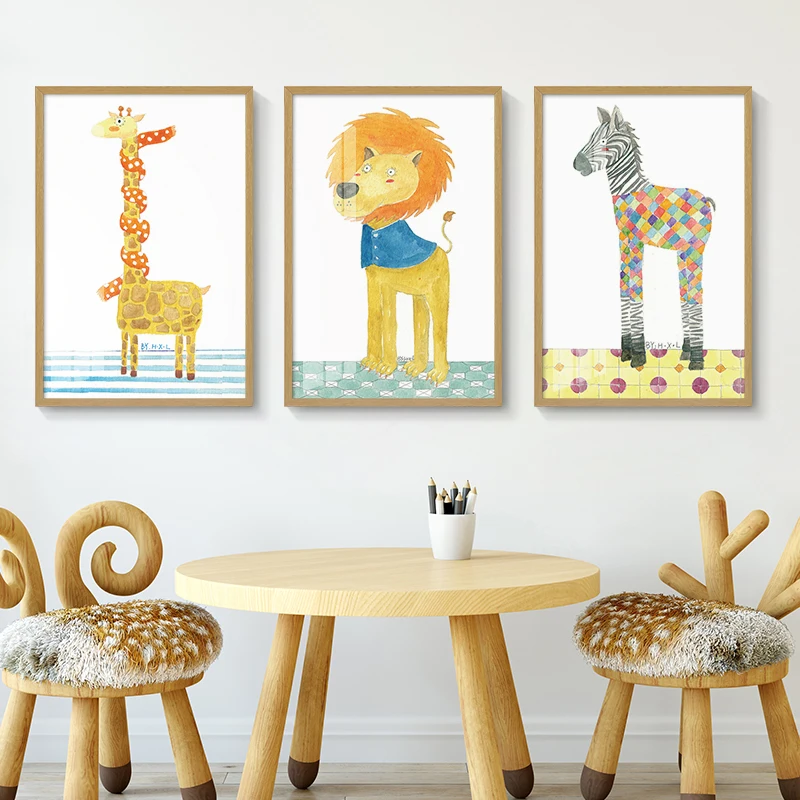 modern lovely cartoon animal oil painting for  girl kids room watercolour giraffe decorative paper and mdf frame wall art