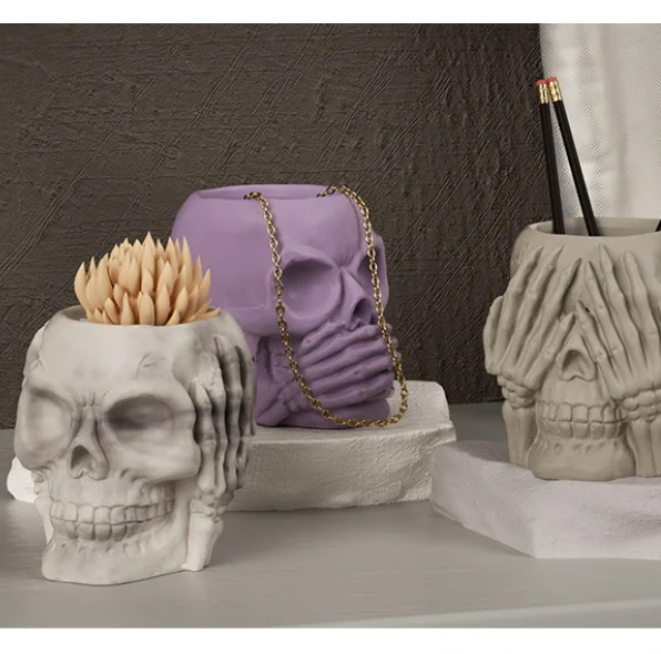 M4343 Skull Pen Holder Mold Storage Box Halloween Gypsum Decoration Silicone Mold