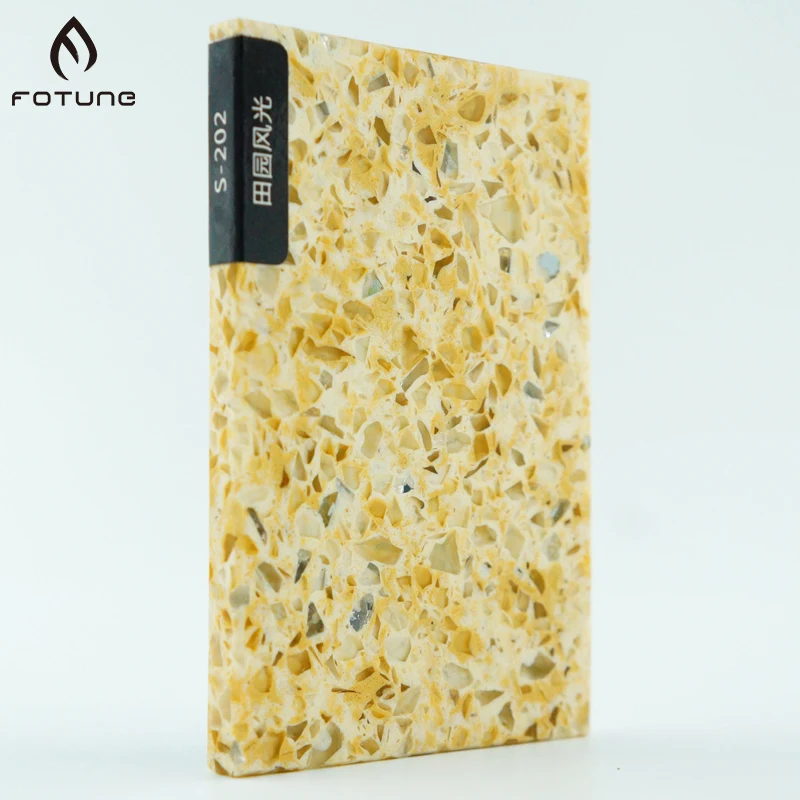 Customized Solid Surface Crystal Prefabricated Countertop Yellow Quartz Slabs Stone