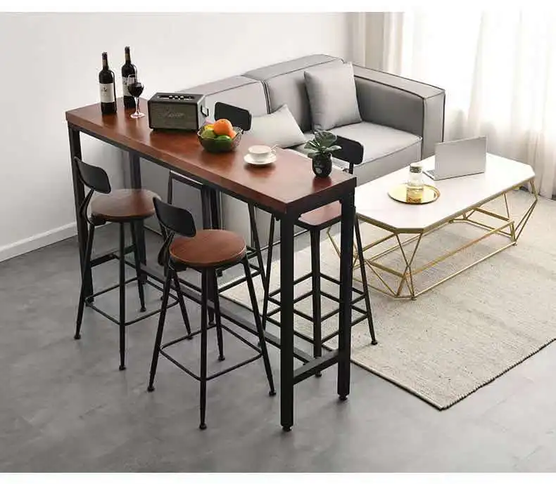 Modern Simple Wooden High Bar Table Metal Frame Long Home Bar Counter Table