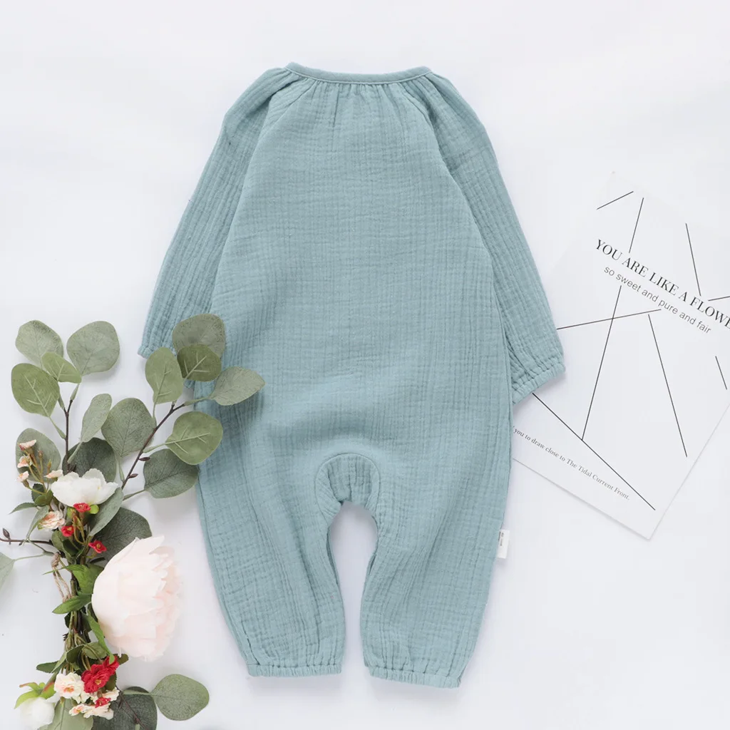 Spring infant baby blank Organic muslin jumpsuit button long sleeve overall  Puffy style baby romper newborn jumpsuit