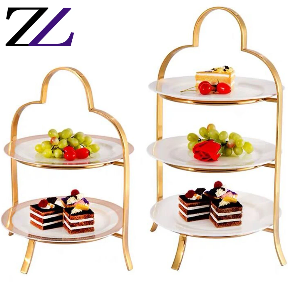 Restaurant buffet dessert decorative riser ceramics plate gold colorful metal cake 2 tier cupcake stand cupcake display trays