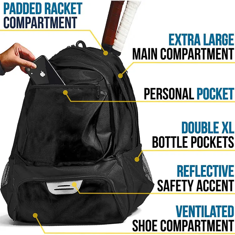 Backpack padel 20inch padded compartment polyester padel tennis racket backpack with shoe pocket