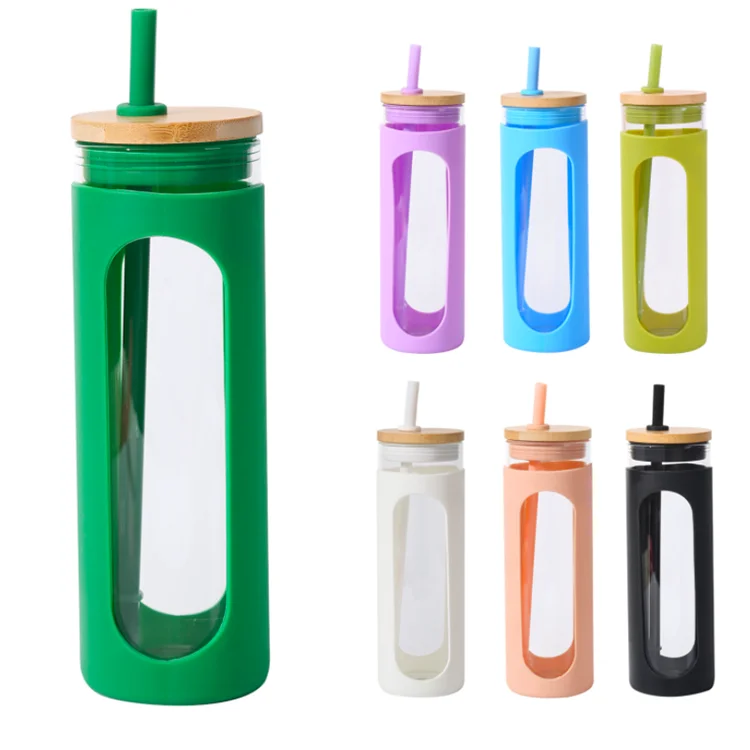 Lids Tumbler Borosilicate Small Tea Cup 600ml Silicone Sleeve Lid Water Glass water drinking Bottle Bamboo with Straw