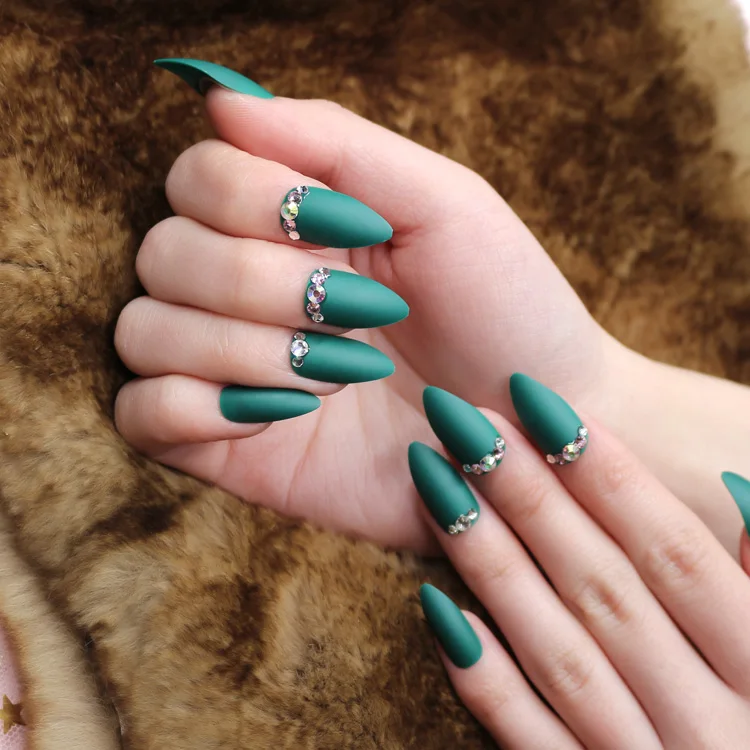 NEWAIR 24pcs/box pre-designed nails tip 3D matte green stiletto full cover nail tip artificial false finger ABS