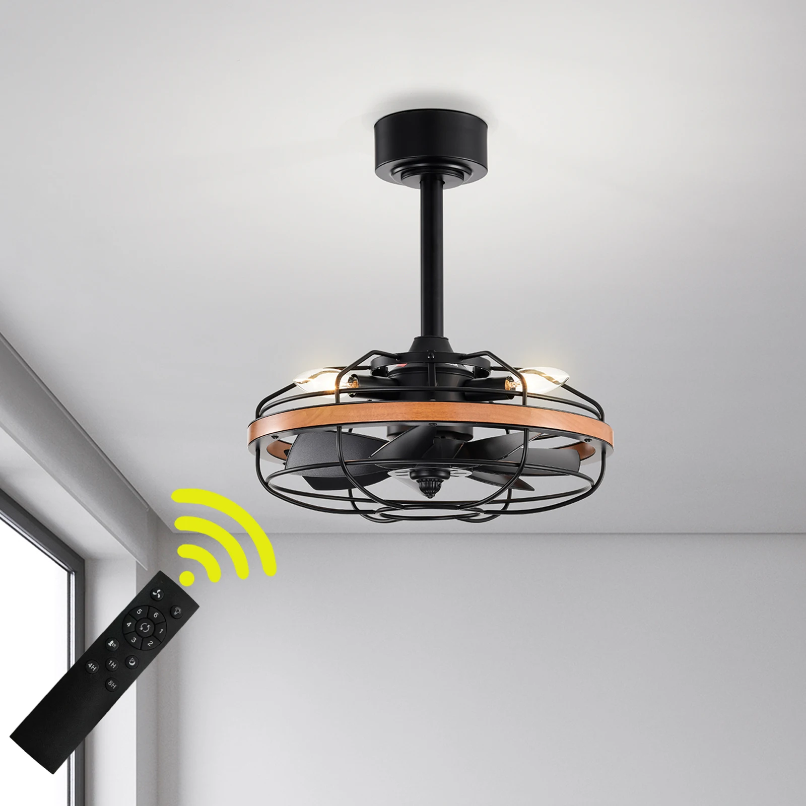 16 inch Ceiling Fan Enclosed Bladeless Ceiling Fan Industrial Flush Mount Ceiling Fan with Light and Remote