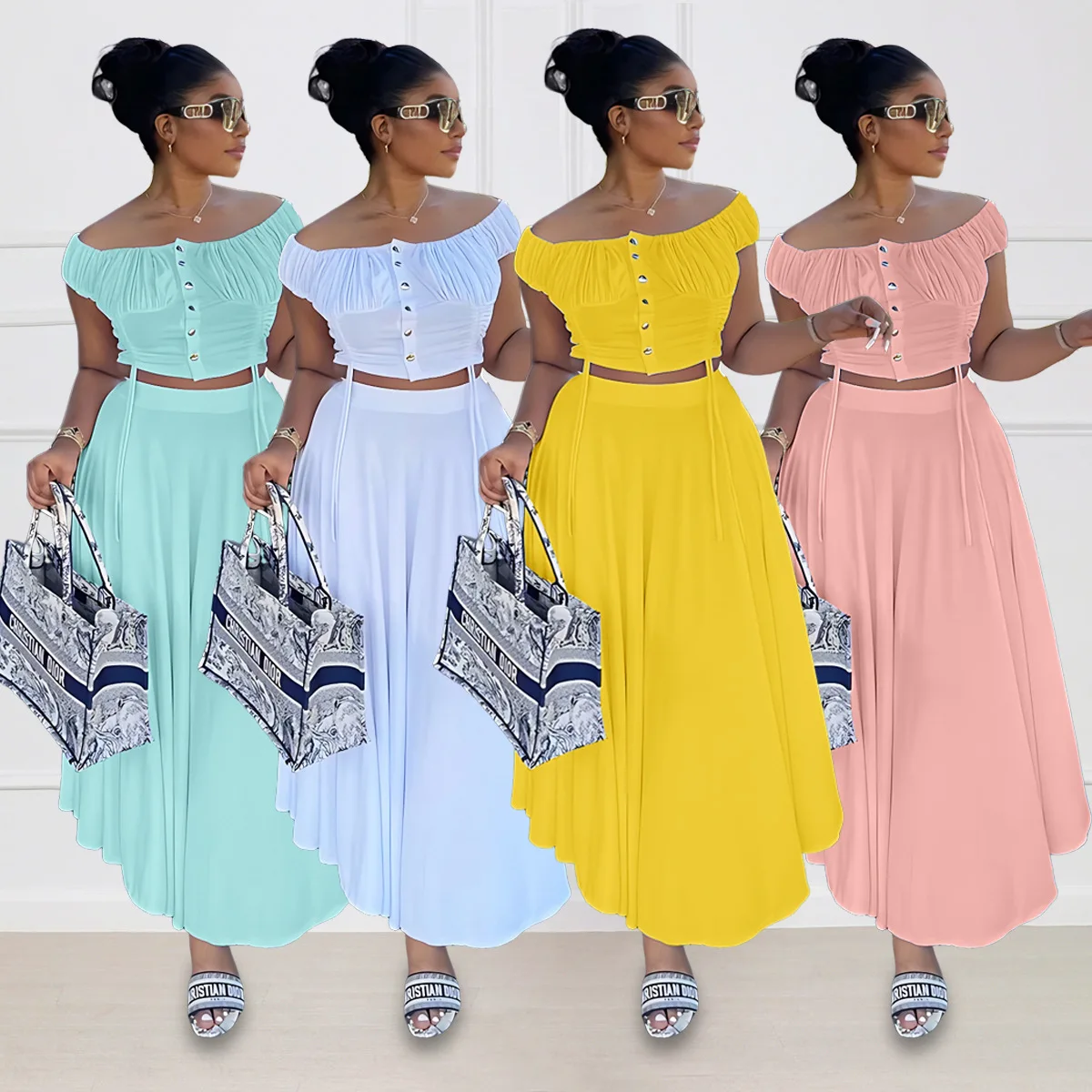 European and American Sexy Drawstring One Shoulder Dress Stretch Long Skirt Two-piece Set Summer Sexy Dress With Top
