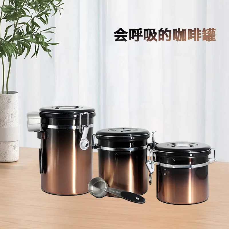 Kitchen 304 stainless steel exhaust valve coffee beans powder food storage container jar bottle tank with lid spoon