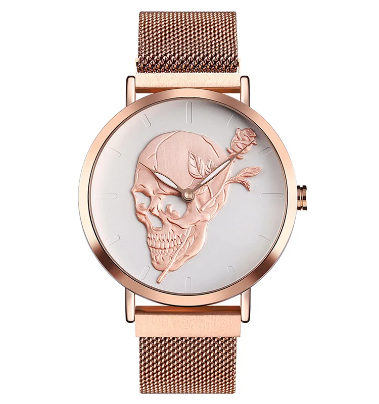 Custom Logo Stainless Steel Material Automatic Wrist Watches Mesh Band Rose Gold Skull Mens Elegant Wrist Watch