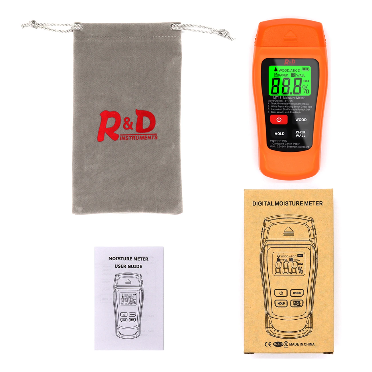 
R&D MT18 Moisture Meter Wood paper Wall Humidity Hygrometer Timber Damp Detector Tree Density tester wood ABCD Paper&Wall test 