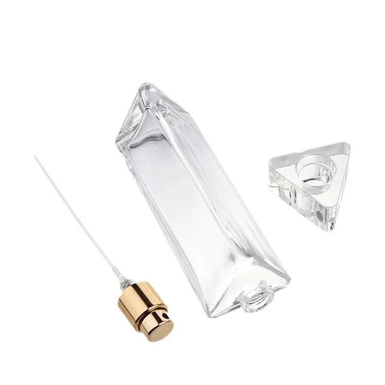 Wholesale 30ml 50ml Triangle Shaped Glass Perfume Bottles refillable Triangular perfume atomizer bottle with cap