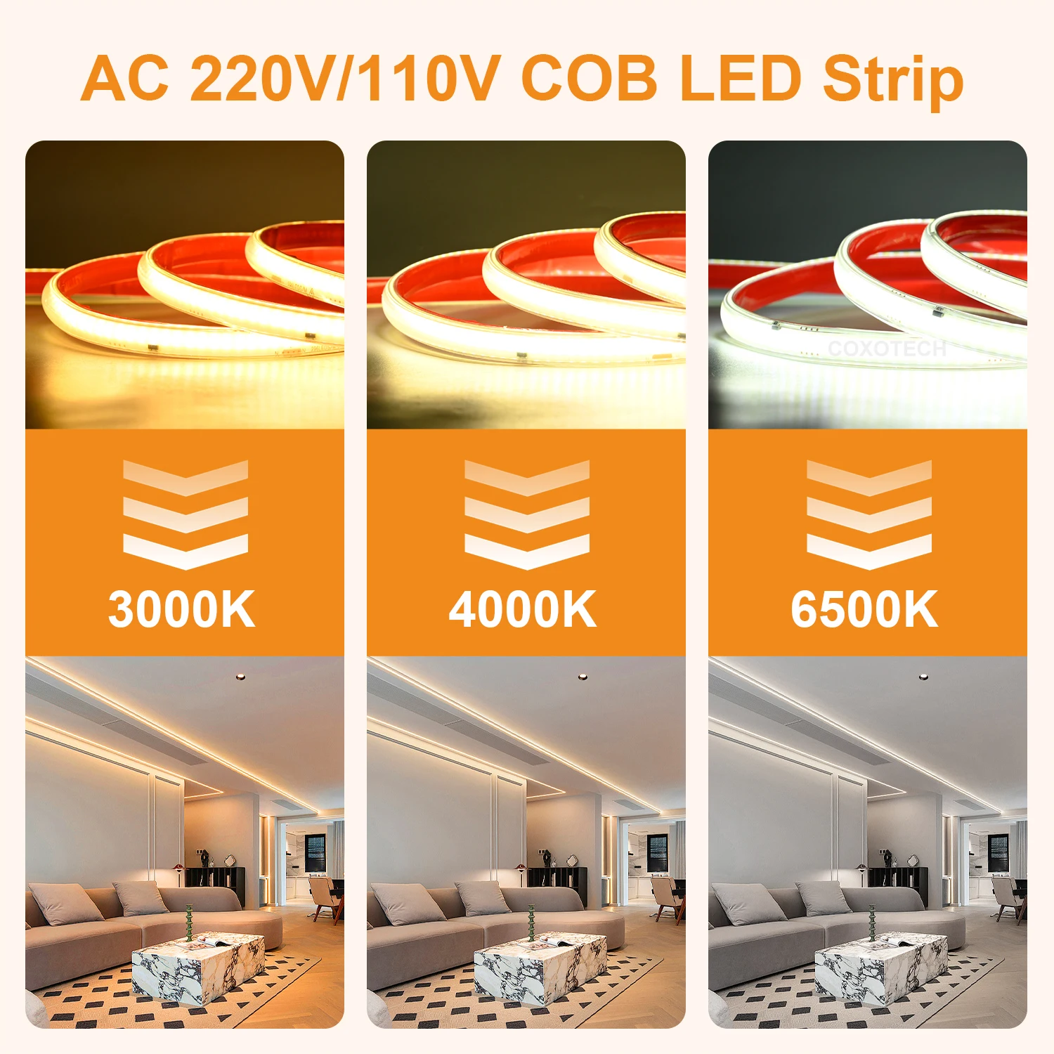 COXO ETL Cob Led Light Strip 220v 110V Dot Free Ip65 Waterproof 100m Roll ETL Driverless Led Strip 220v