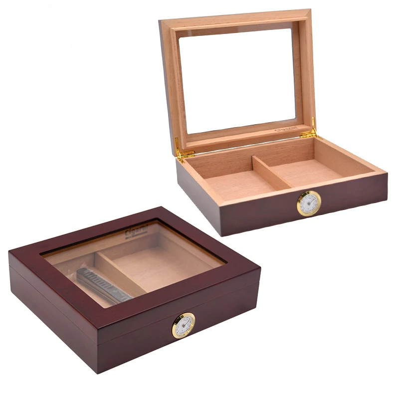 Glass Top Luxury 25 CT Handcrafted Piano Black Lacquer Finish Cedar Wood Cigar Humidor Display Case with Tray