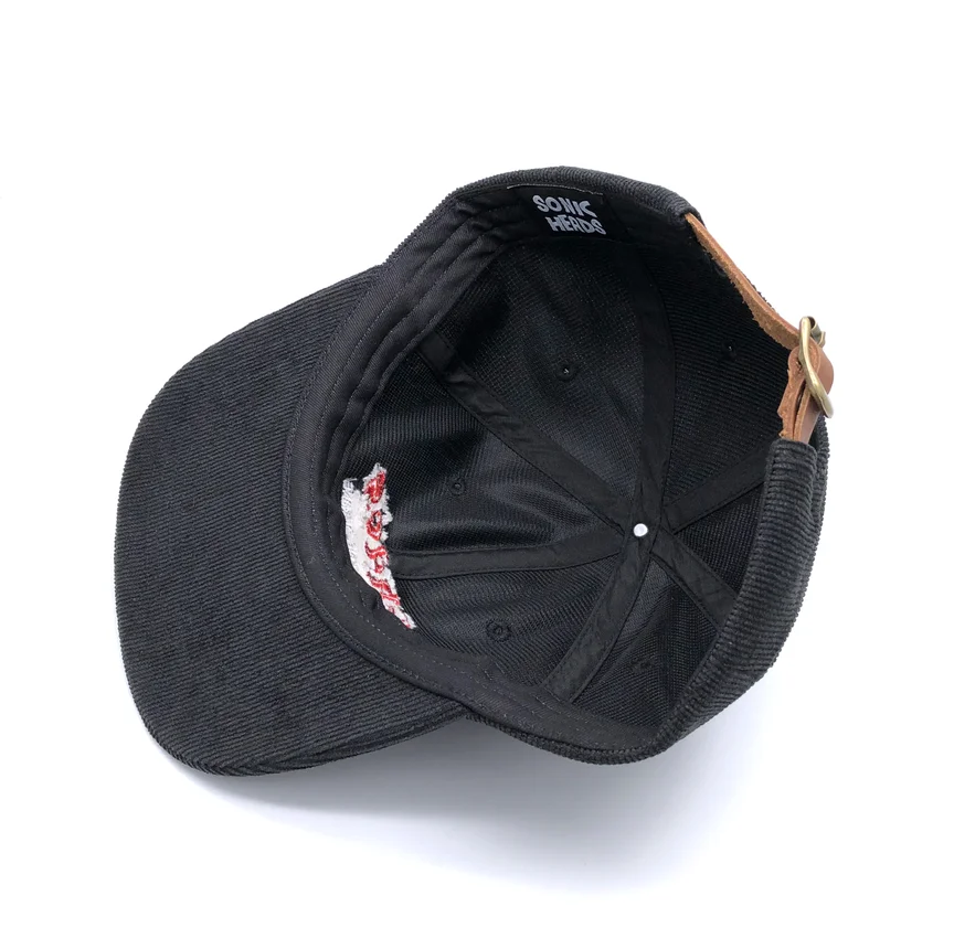 
custom 6 panel flat brim unstructured corduroy hat with leather strap 