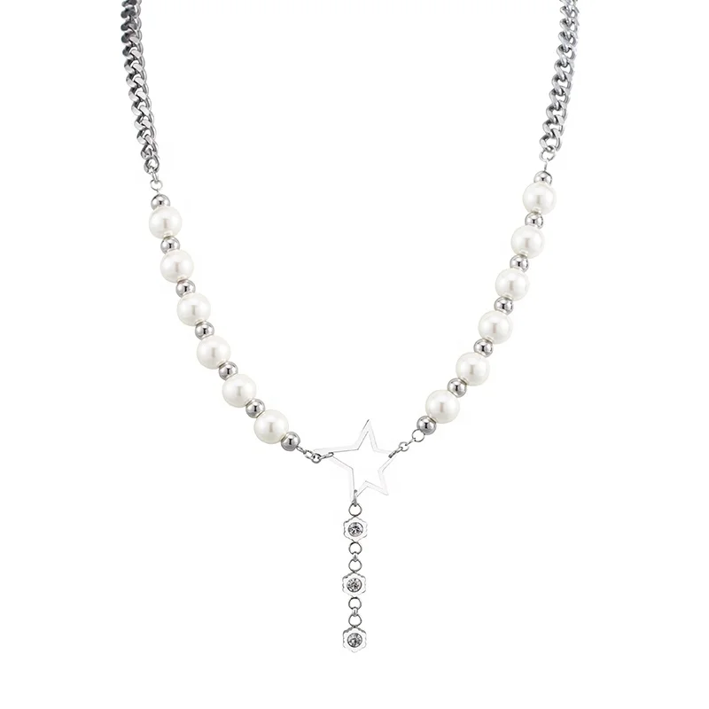 2022 New Punk Trend Men/Women Long Sweater Chain Stainless Steel Rhinestone Pearl Star Pendant Necklaces