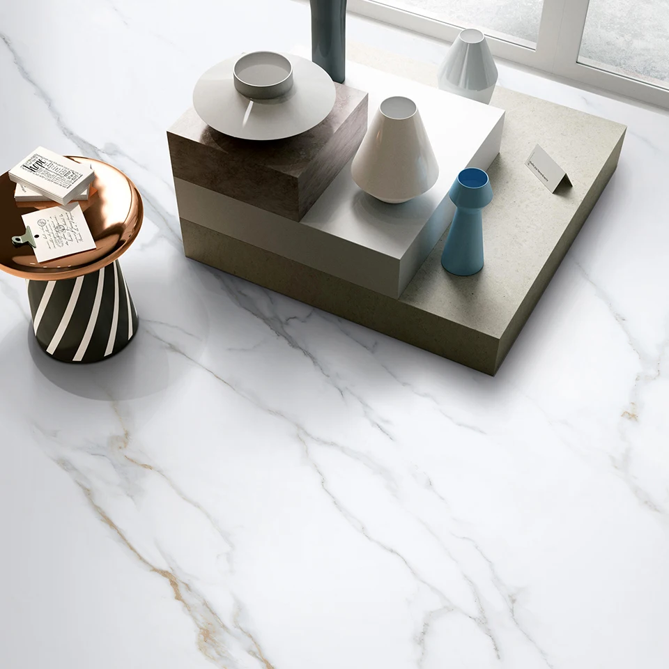 GUCI Bulgari gold sintered stone slab wall floor furniture surface large glazed matte glossy tile