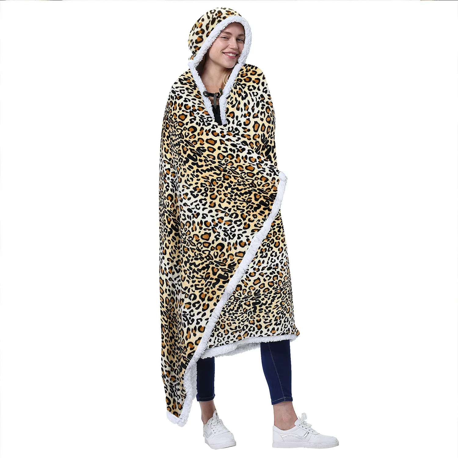 Factory Hotsale Wearable Blanket Hoodie Gifts for Ladies Printed Warm Blanket Sweatshirt Hoodie Blanket with Half Sleeves
