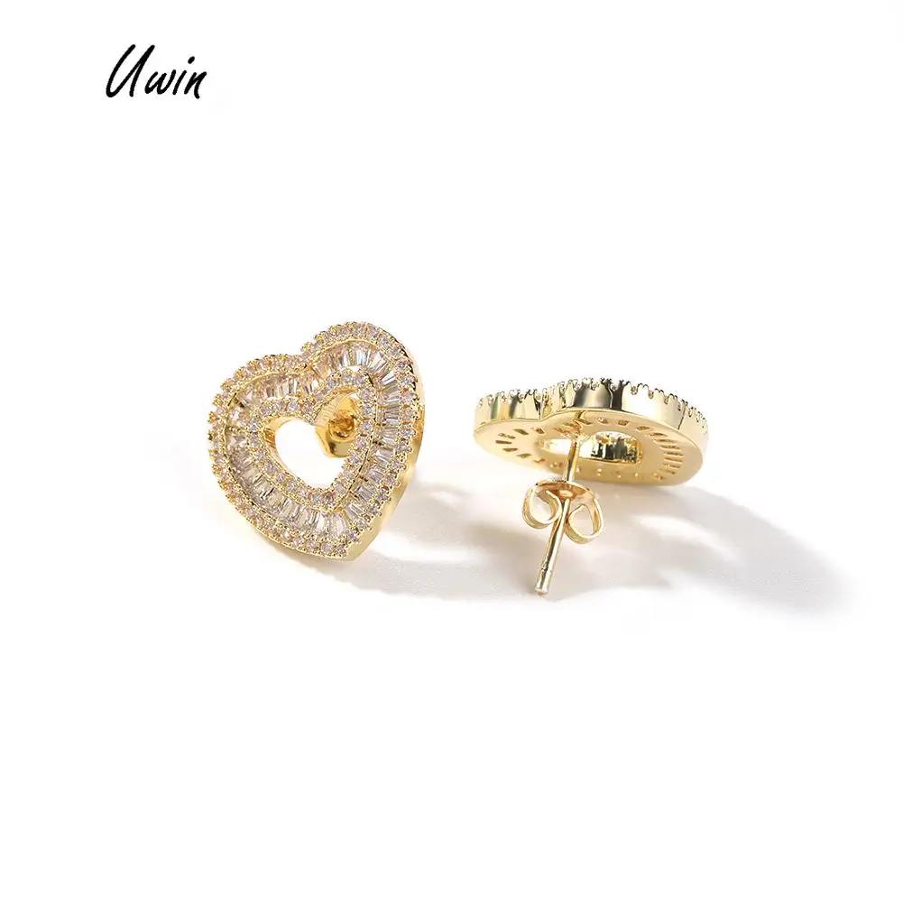 Hollow Heart Stud Earrings AAA Cubic Zircon Hollow Design Two Tones Fast Shipping Hip Hop Jewelry Fine Jewelry Earrings