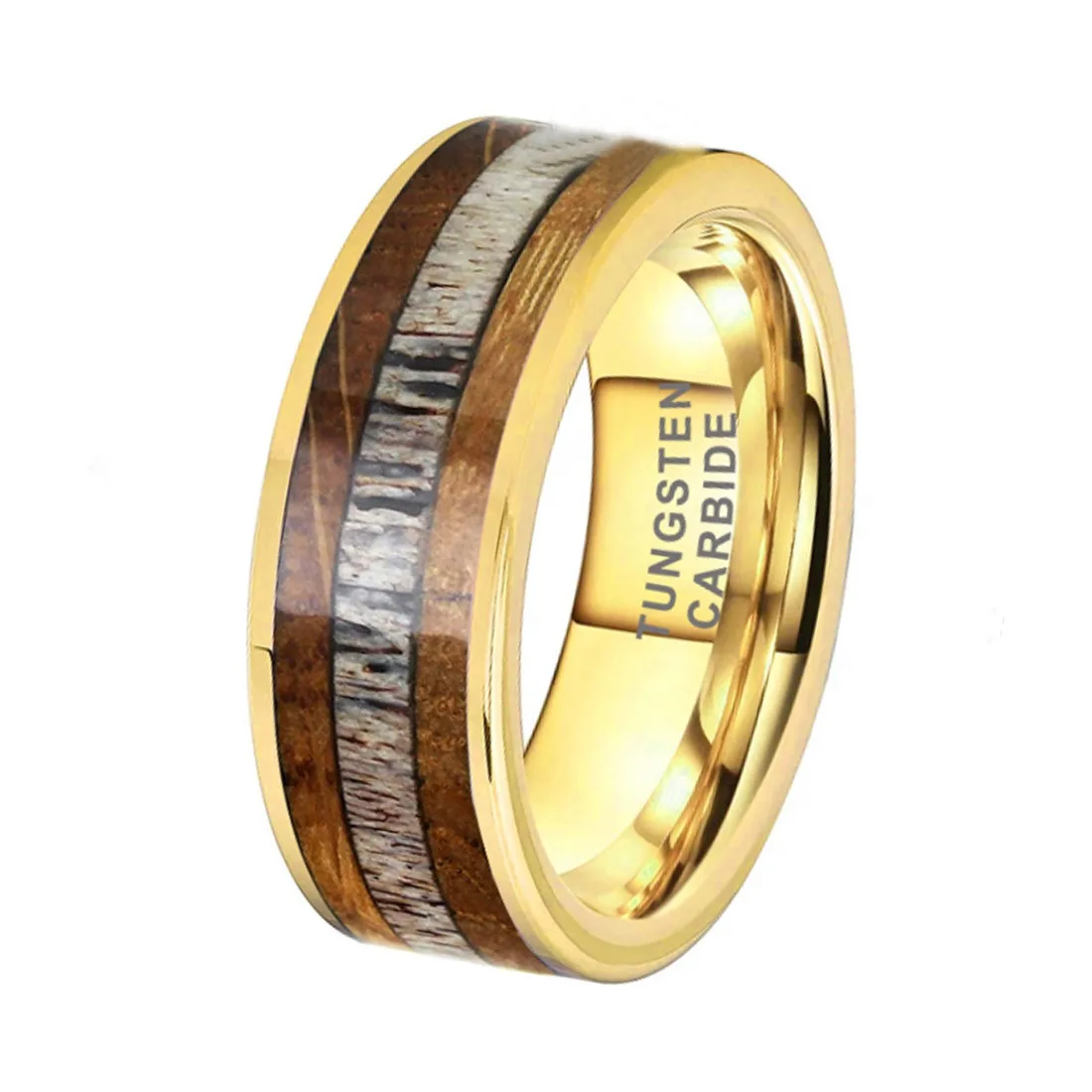 ring 8mm Gold Tungsten  carbide jewelry For Men Whisky Barrel Wood Deer Antler Inlay Comfort Fit ring