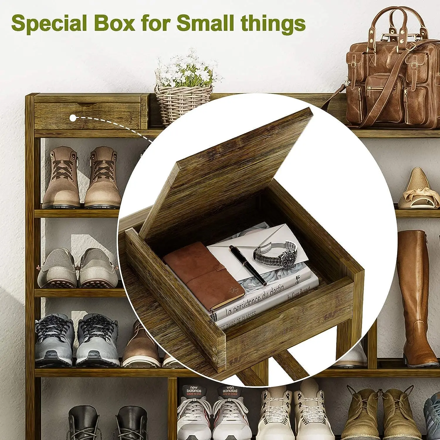 Portable Natural bamboo 6 tiers Shoe Organizer with Small Storage Box for entryway 3 colors