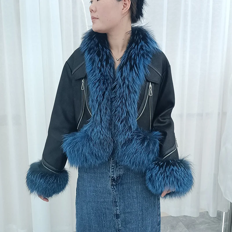 2024 New Women Winter Thick Real Goose Down Coat With Real Raccoon Fur Trim  Fashion Loose Long Sleeve Warm Female Jacket