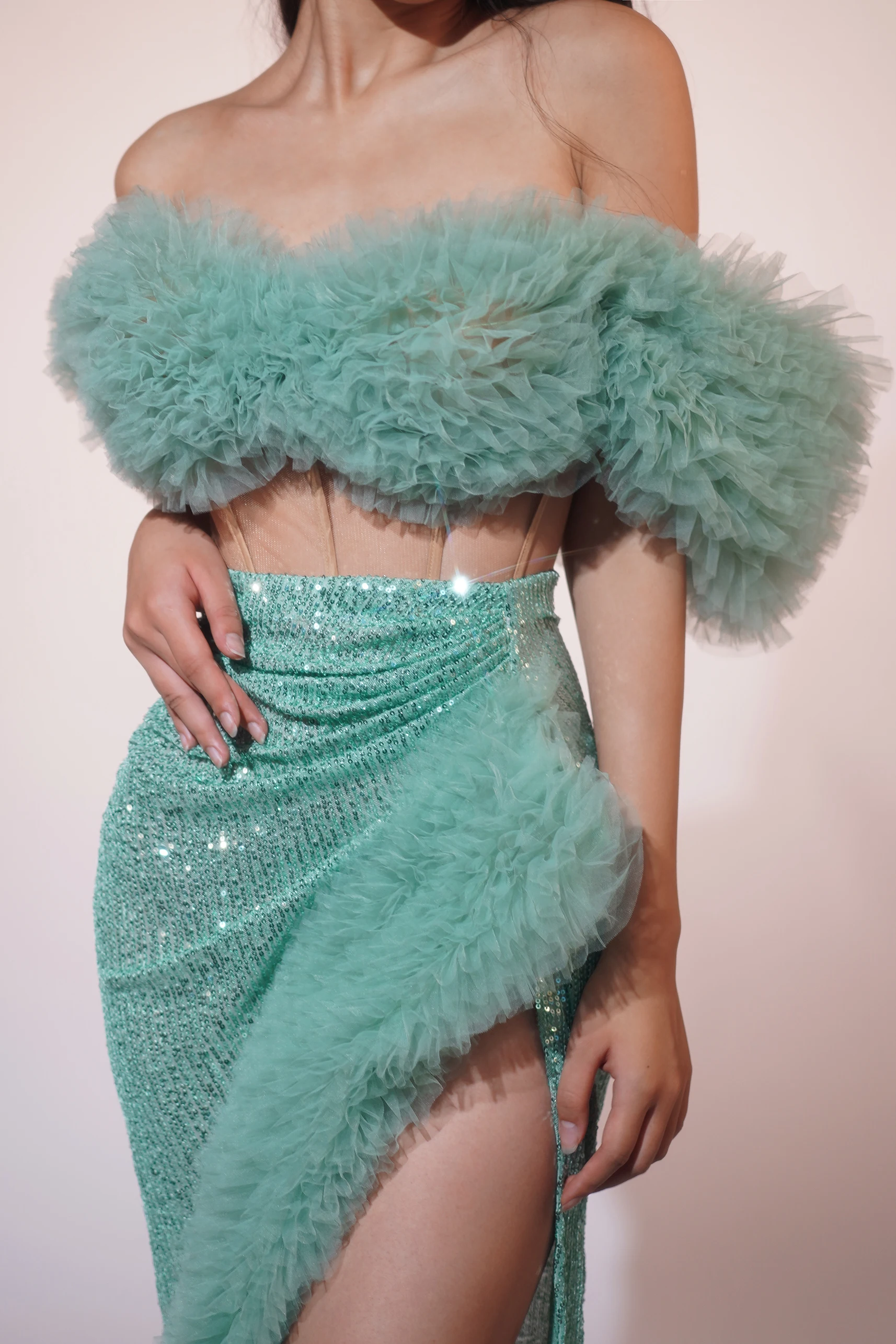 Elegant Off Shoulder Top Long Skirts 2 Piece Sets Party Wear Singer Stage Outfits Show Costume Women Wedding Prom Evening Dress